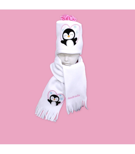 Fular plus caciula personalizate cu broderie pinguin din polar culoare alba