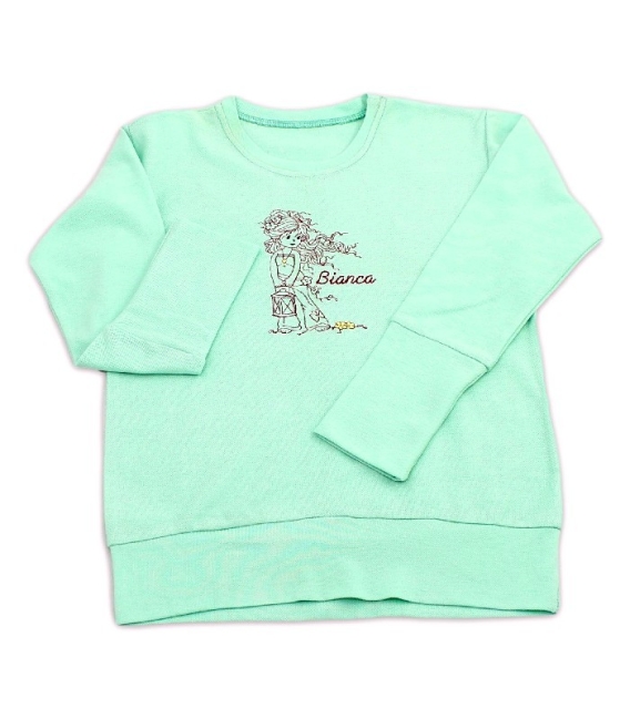Bluza de bumbac pentru fete cu decolteu la baza gatului verde mint, brodata, personalizata