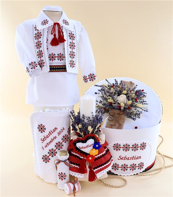 Trusou traditional complet broderie stelute rosu negru pentru baieti